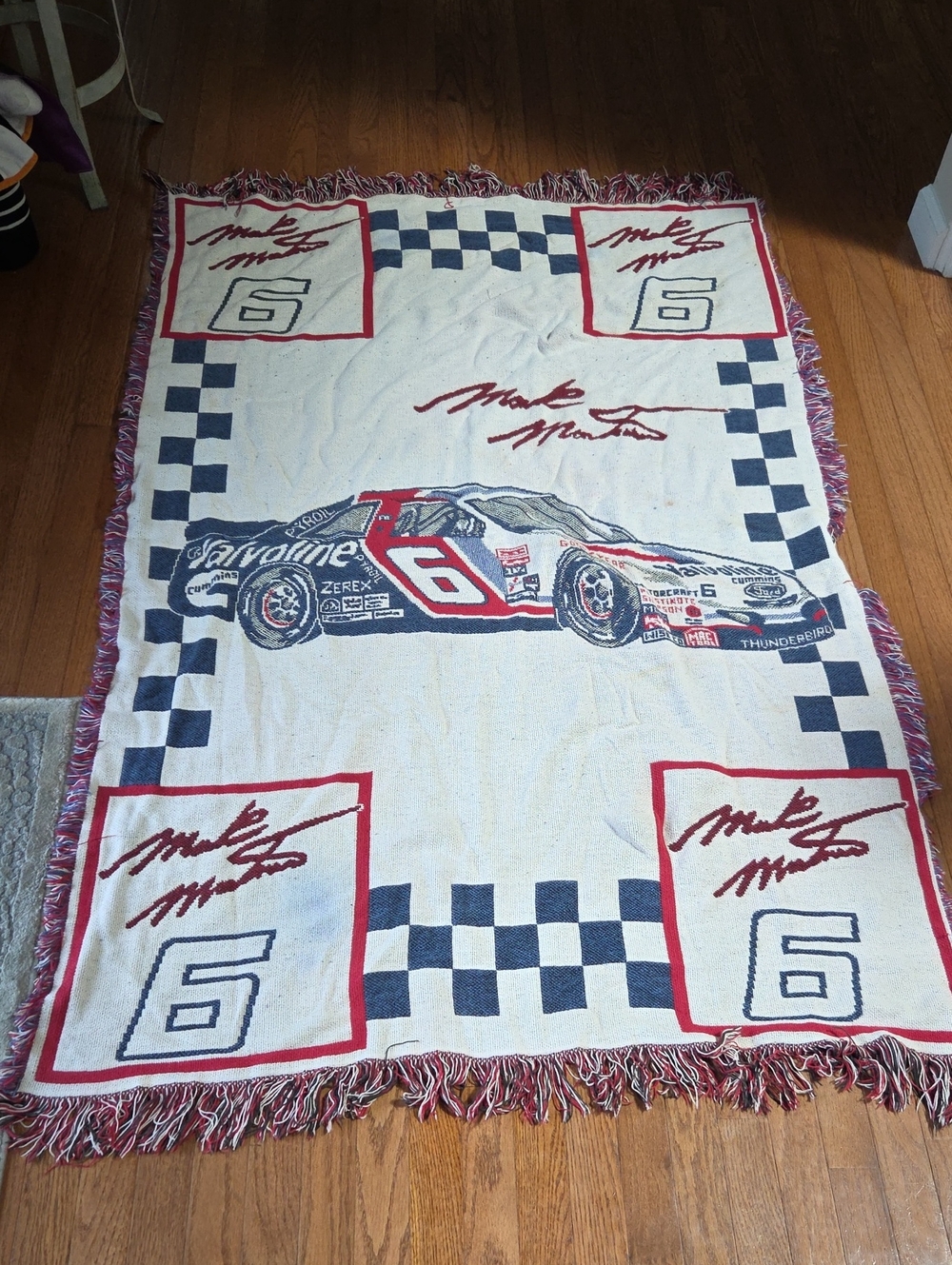 NASCAR Mark Martin Checkered Race Car Throw Blanket in White, Red & Blue